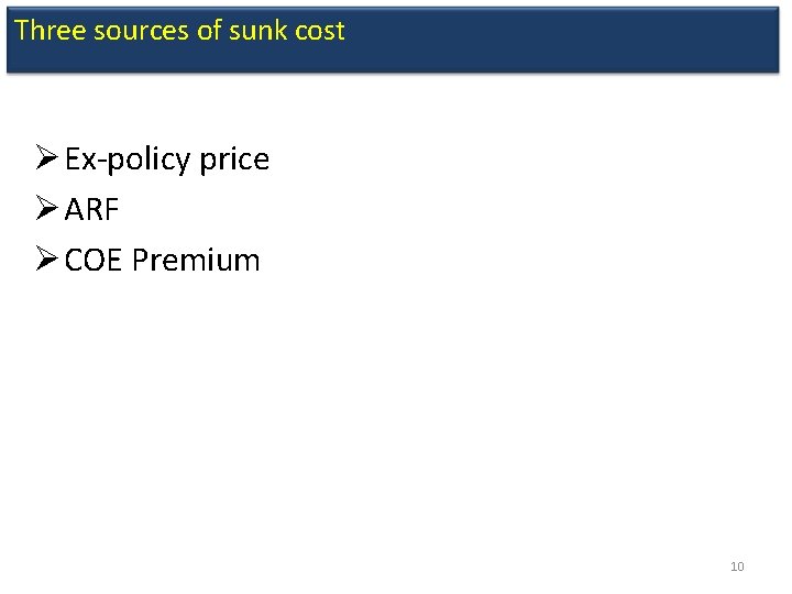 Three sources of sunk cost Ø Ex-policy price Ø ARF Ø COE Premium 10