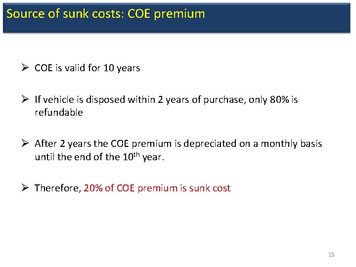 Source of sunk costs: COE premium Ø COE is valid for 10 years Ø