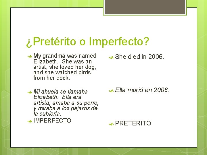 ¿Pretérito o Imperfecto? My grandma was named Elizabeth. She was an artist, she loved