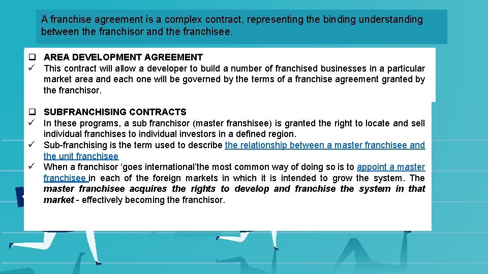 A franchise agreement is a complex contract, representing the binding understanding between the franchisor