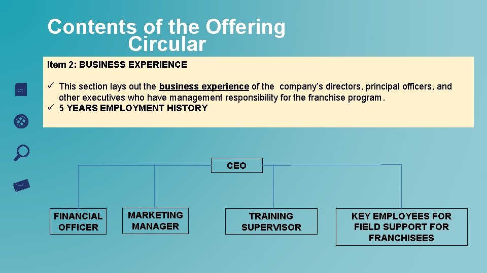 Contents of the Offering Circular Item 2: BUSINESS EXPERIENCE ü This section lays out