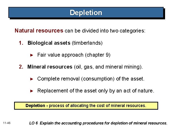 Depletion Natural resources can be divided into two categories: 1. Biological assets (timberlands) ►