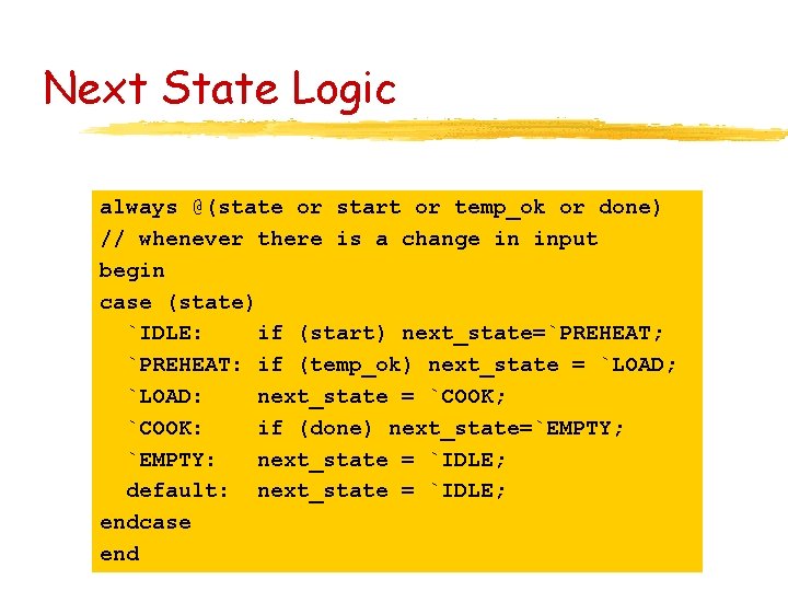 Next State Logic always @(state or start or temp_ok or done) // whenever there