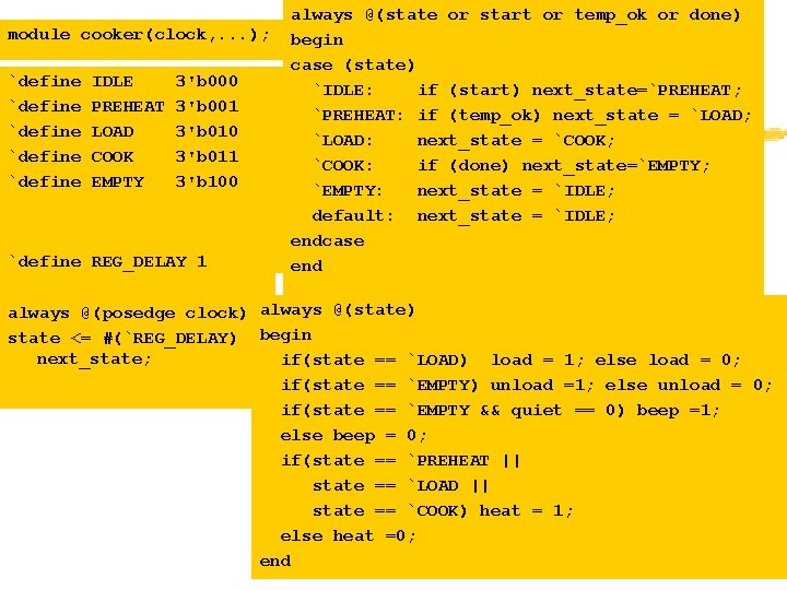module cooker(clock, . . . ); `define `define IDLE PREHEAT LOAD COOK EMPTY 3'b