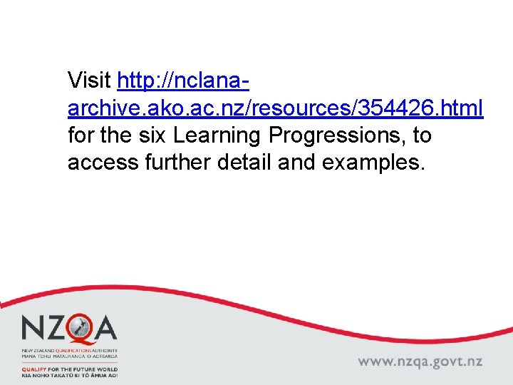 Visit http: //nclanaarchive. ako. ac. nz/resources/354426. html for the six Learning Progressions, to access