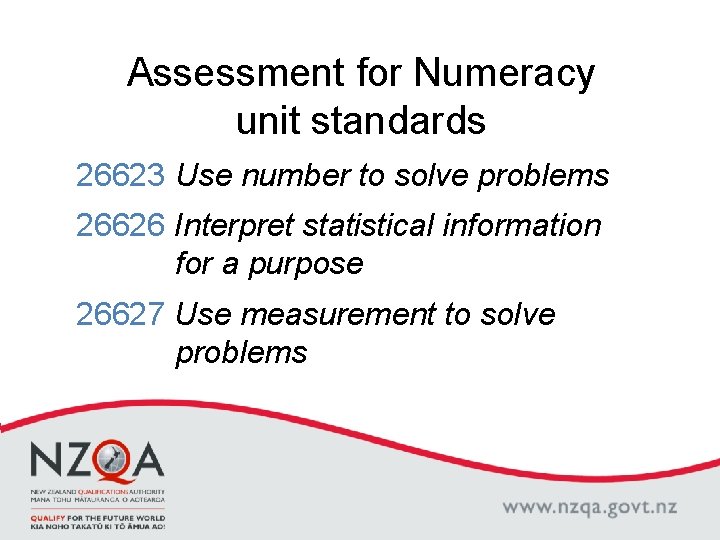 Assessment for Numeracy unit standards 26623 Use number to solve problems 26626 Interpret statistical