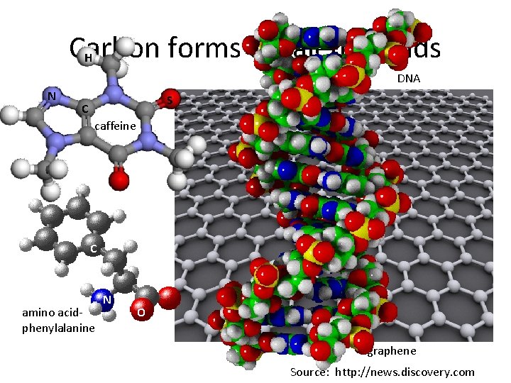 Carbon forms covalent bonds H DNA N S C caffeine C amino acidphenylalanine N
