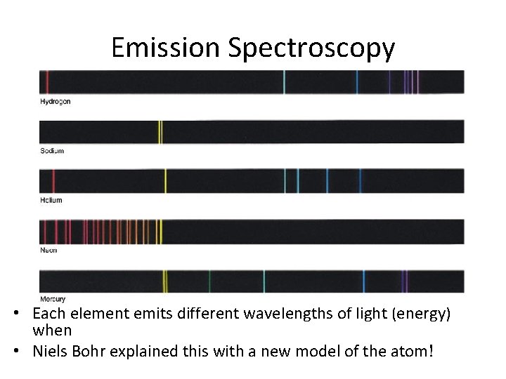 Emission Spectroscopy • Each element emits different wavelengths of light (energy) when • Niels