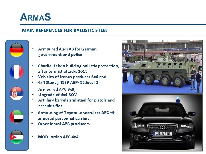 MAIN REFERENCES FOR BALLISTIC STEEL • Armoured Audi A 8 for German government and
