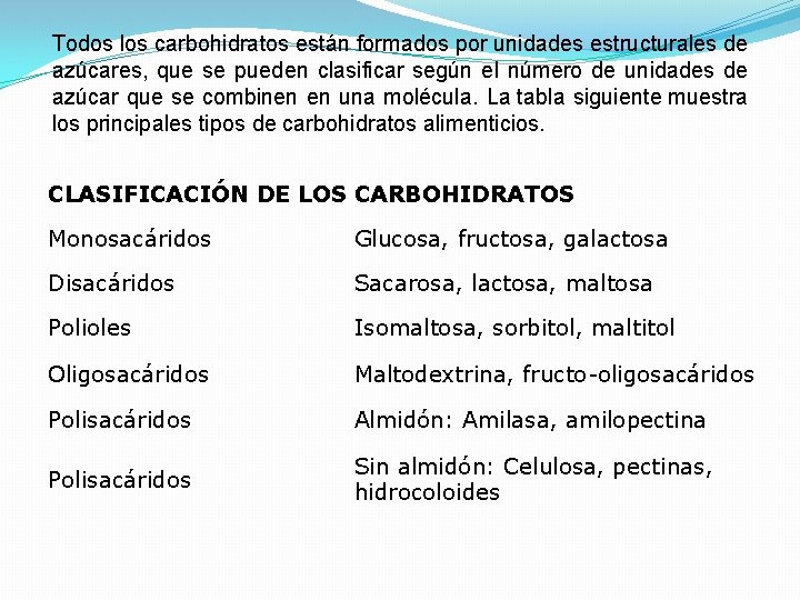 Todos los carbohidratos están formados por unidades estructurales de azúcares, que se pueden clasificar