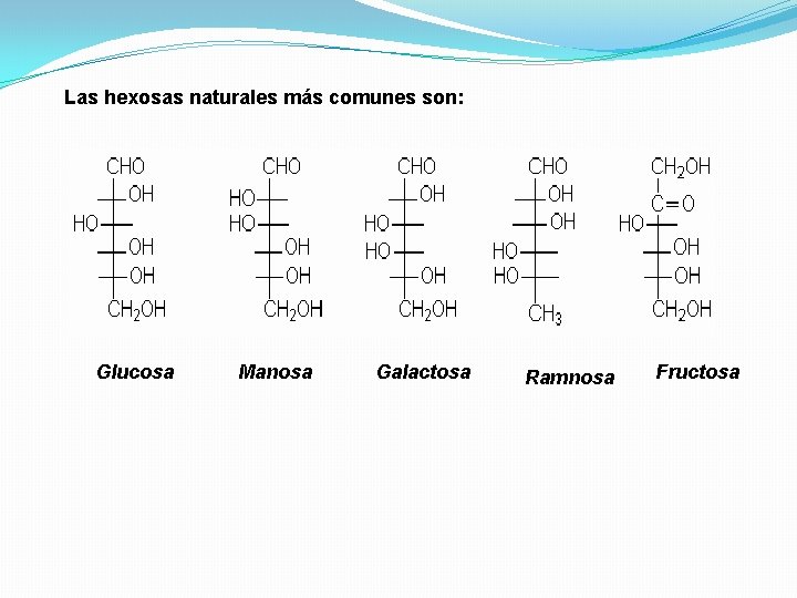 Las hexosas naturales más comunes son: Glucosa Manosa Galactosa Ramnosa Fructosa 