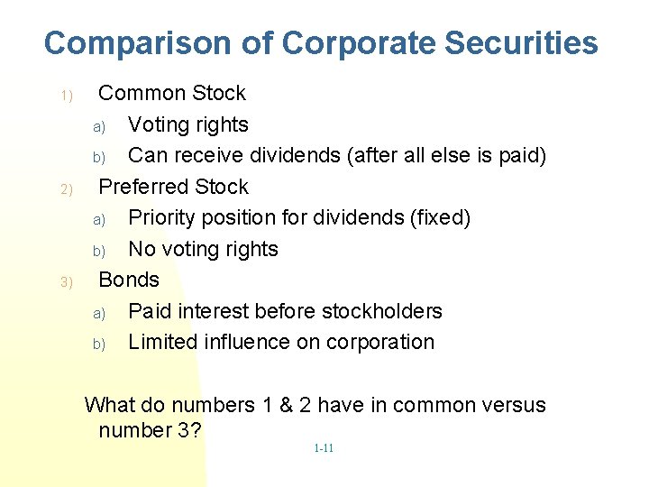 Comparison of Corporate Securities 1) 2) 3) Common Stock a) Voting rights b) Can