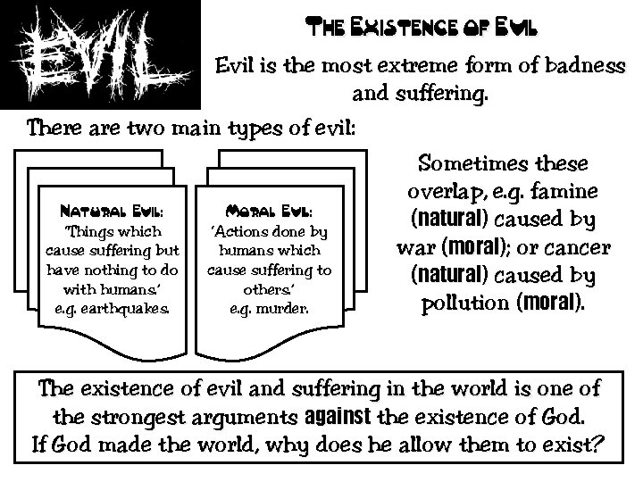 The Existence of Evil is the most extreme form of badness and suffering. There