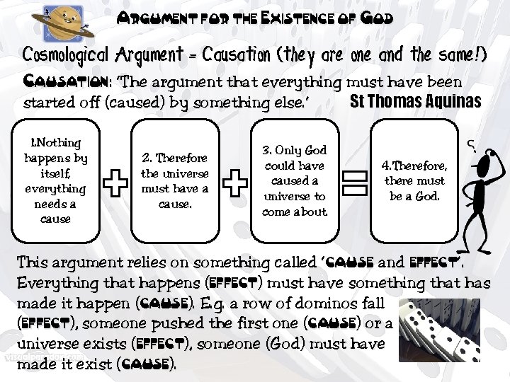 Argument for the Existence of God Cosmological Argument = Causation (they are one and