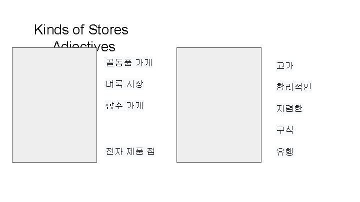 Kinds of Stores Adjectives Antique store 골동품 가게 Overpriced 고가 Flea market 벼룩 시장 Kinds of Stores Adjectives Antique store 골동품 가게 Overpriced 고가 Flea market 벼룩 시장