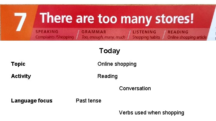 Unit 7 - lesson 2 Today Topic Online shopping Activity Reading Conversation Language focus