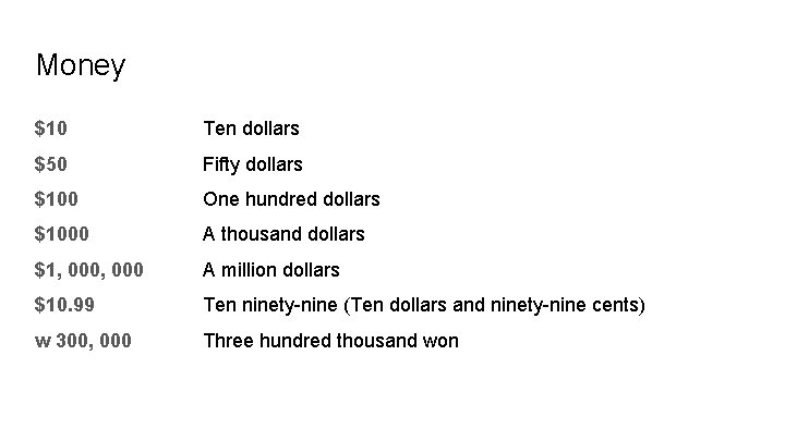 Money $10 Ten dollars $50 Fifty dollars $100 One hundred dollars $1000 A thousand Money $10 Ten dollars $50 Fifty dollars $100 One hundred dollars $1000 A thousand