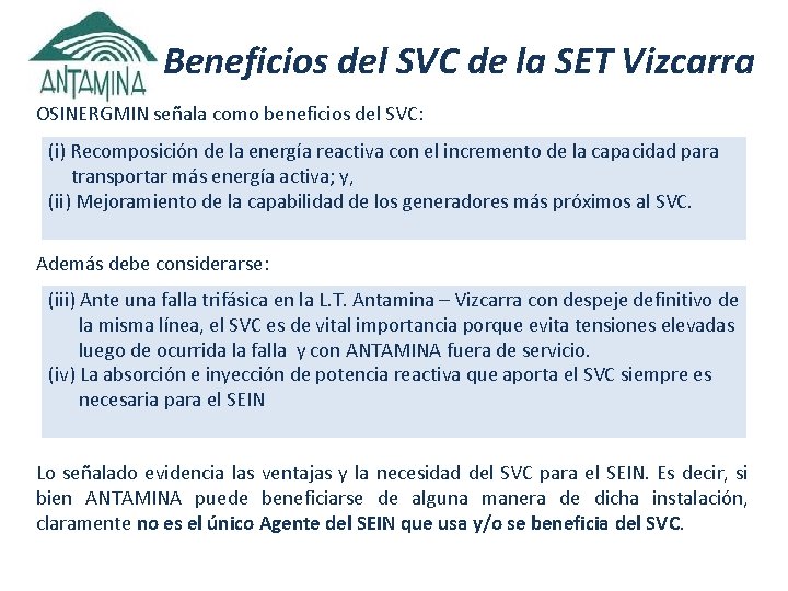 Beneficios del SVC de la SET Vizcarra OSINERGMIN señala como beneficios del SVC: (i)