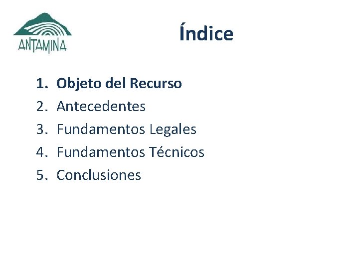 Índice 1. 2. 3. 4. 5. Objeto del Recurso Antecedentes Fundamentos Legales Fundamentos Técnicos