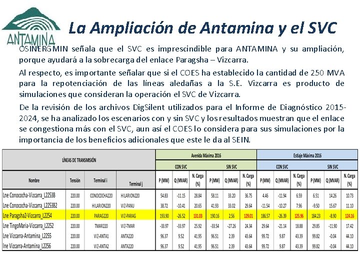 La Ampliación de Antamina y el SVC OSINERGMIN señala que el SVC es imprescindible