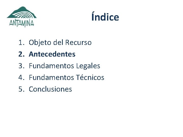 Índice 1. 2. 3. 4. 5. Objeto del Recurso Antecedentes Fundamentos Legales Fundamentos Técnicos
