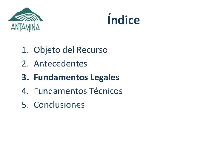 Índice 1. 2. 3. 4. 5. Objeto del Recurso Antecedentes Fundamentos Legales Fundamentos Técnicos