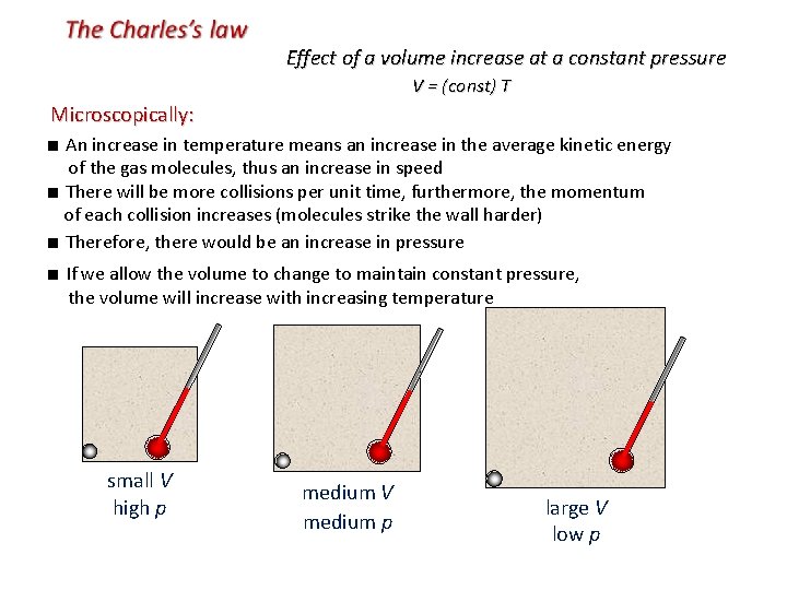 Effect of a volume increase at a constant pressure V = (const) T Microscopically: