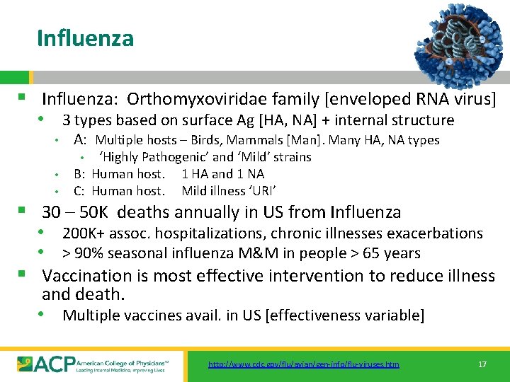 Influenza § Influenza: Orthomyxoviridae family [enveloped RNA virus] • 3 types based on surface