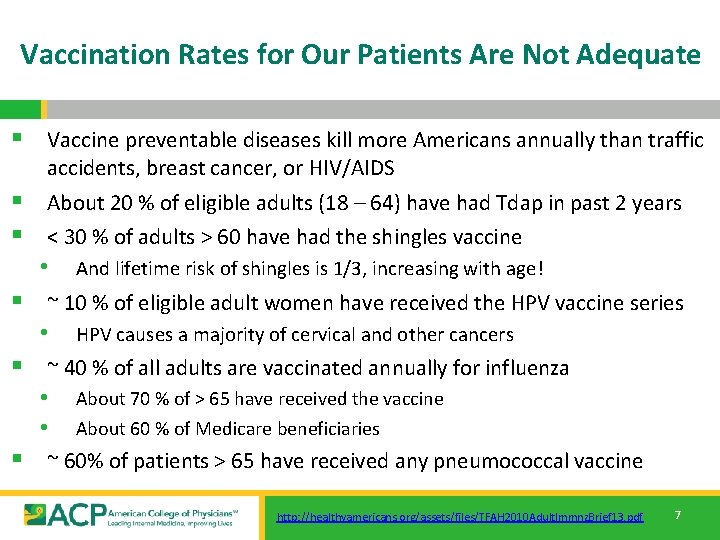 Vaccination Rates for Our Patients Are Not Adequate § Vaccine preventable diseases kill more