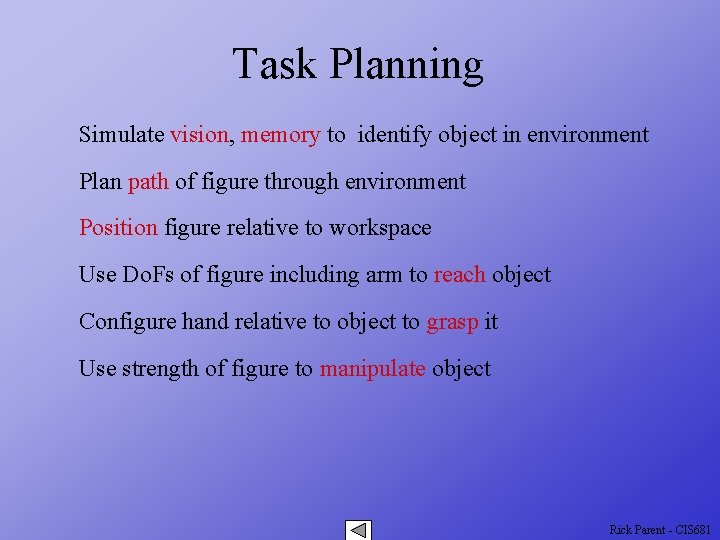 Task Planning Simulate vision, memory to identify object in environment Plan path of figure
