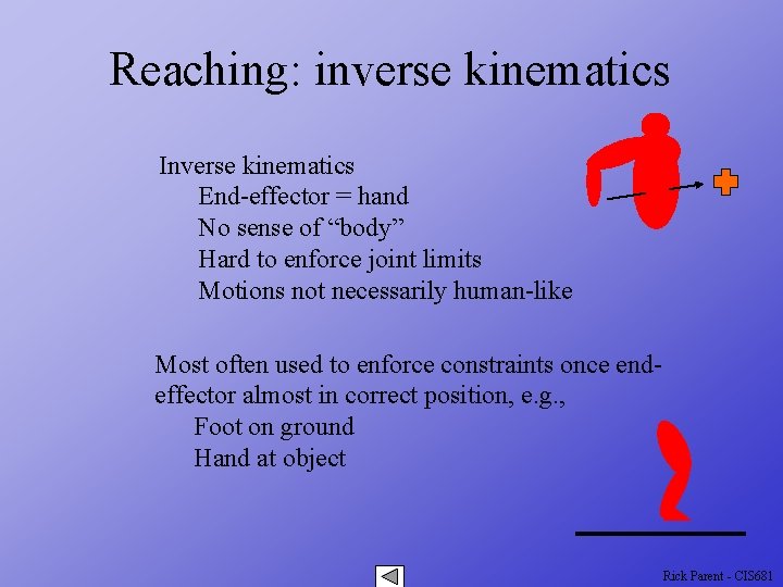 Reaching: inverse kinematics Inverse kinematics End-effector = hand No sense of “body” Hard to