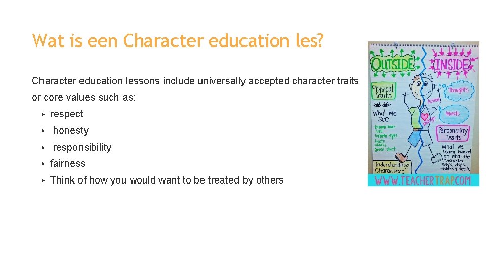 Wat is een Character education les? Character education lessons include universally accepted character traits