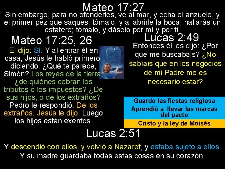 Mateo 17: 27 Sin embargo, para no ofenderles, ve al mar, y echa el