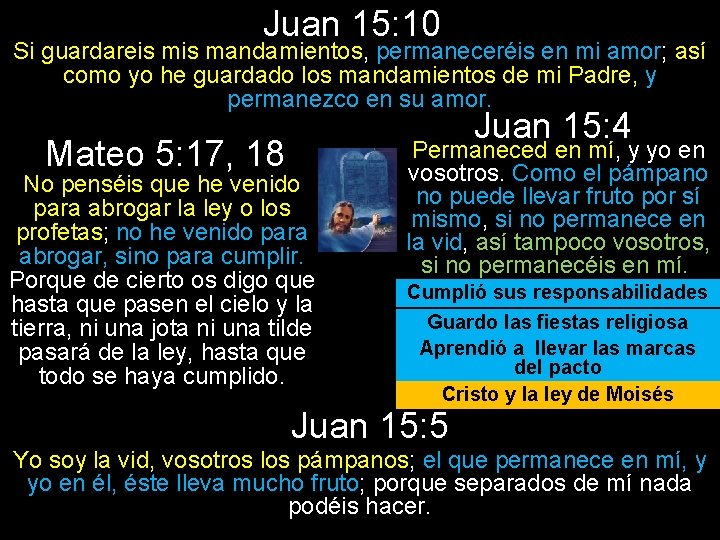 Juan 15: 10 Si guardareis mandamientos, permaneceréis en mi amor; así como yo he