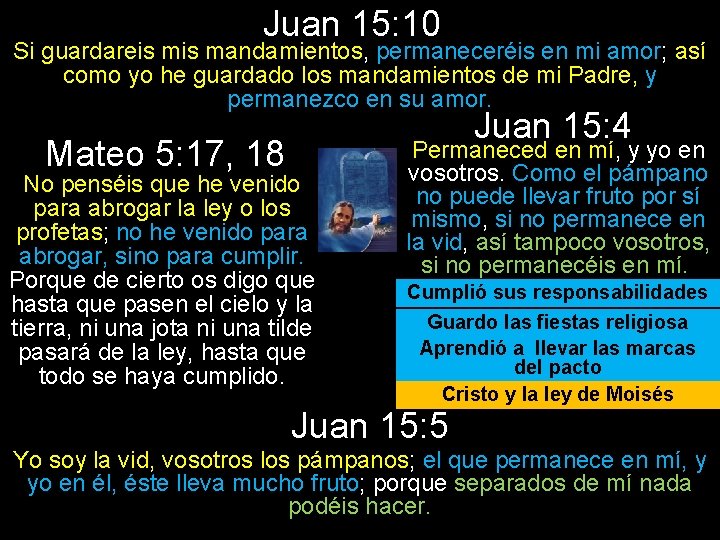 Juan 15: 10 Si guardareis mandamientos, permaneceréis en mi amor; así como yo he