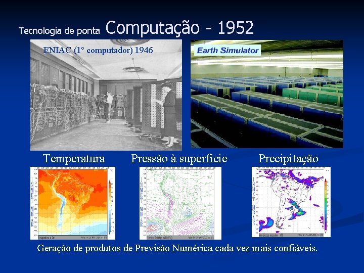 Tecnologia de ponta Computação - 1952 ENIAC (1º computador) 1946 Temperatura Pressão à superfície