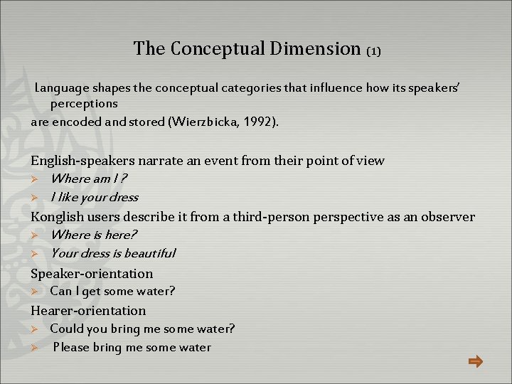 The Conceptual Dimension (1) Language shapes the conceptual categories that influence how its speakers’