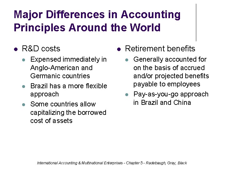Major Differences in Accounting Principles Around the World R&D costs Expensed immediately in Anglo-American