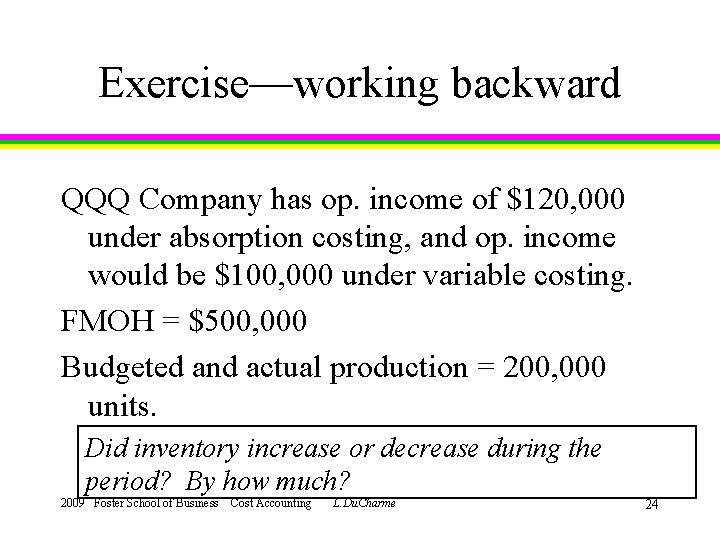 Exercise—working backward QQQ Company has op. income of $120, 000 under absorption costing, and