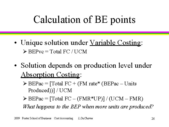 Calculation of BE points • Unique solution under Variable Costing: Ø BEPvc = Total