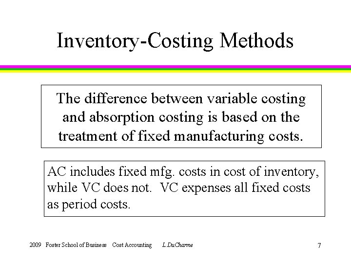 Inventory-Costing Methods The difference between variable costing and absorption costing is based on the