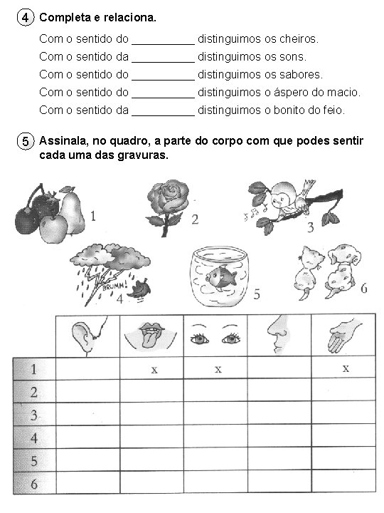 4 Completa e relaciona. Com o sentido do _____ distinguimos os cheiros. Com o