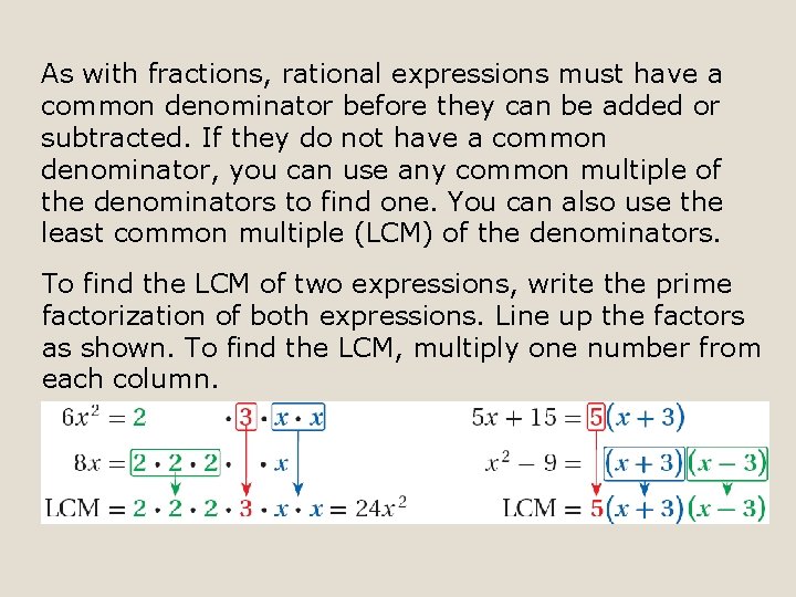 As with fractions, rational expressions must have a common denominator before they can be