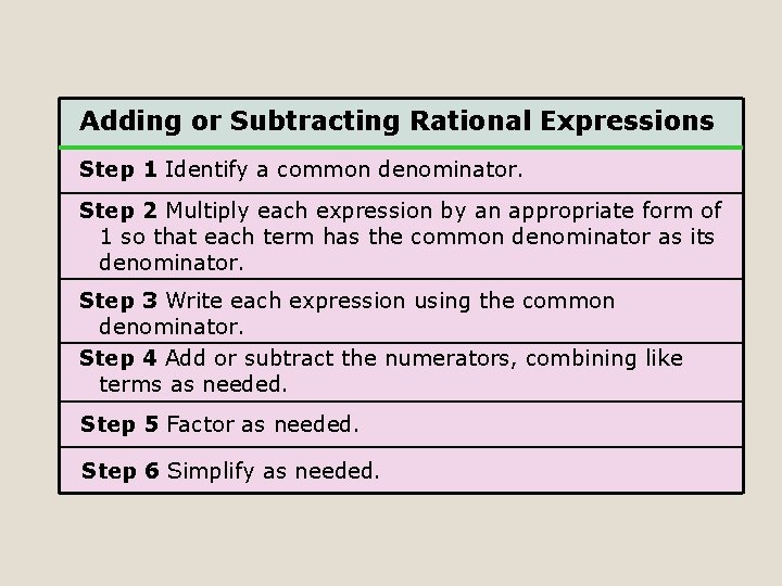 Adding or Subtracting Rational Expressions Step 1 Identify a common denominator. Step 2 Multiply