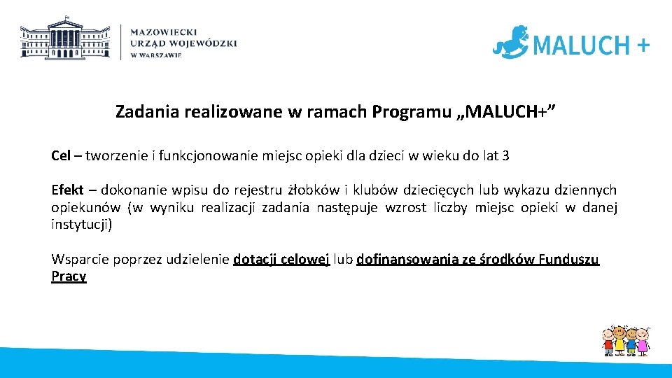 Zadania realizowane w ramach Programu „MALUCH+” Cel – tworzenie i funkcjonowanie miejsc opieki dla