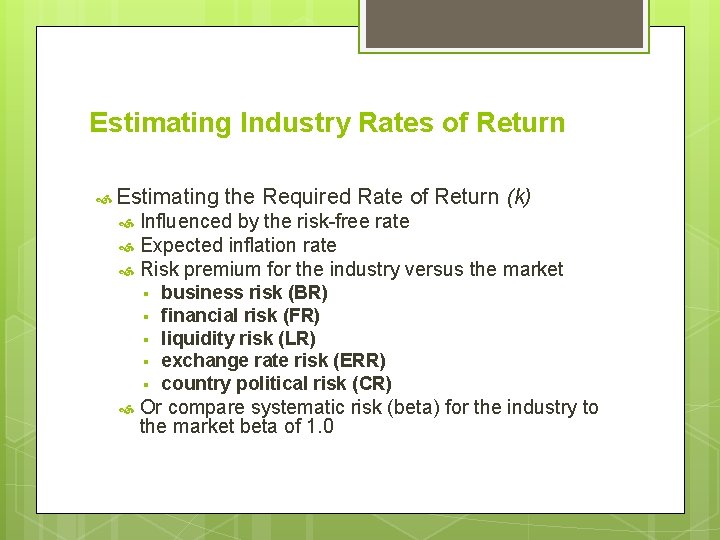 Estimating Industry Rates of Return Estimating the Required Rate of Return (k) Influenced by