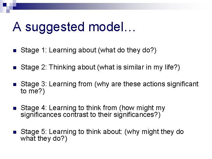 A suggested model… n Stage 1: Learning about (what do they do? ) n