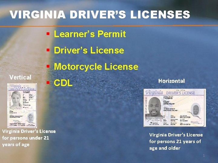 VIRGINIA DRIVER’S LICENSES § Learner’s Permit § Driver’s License § Motorcycle License Vertical §