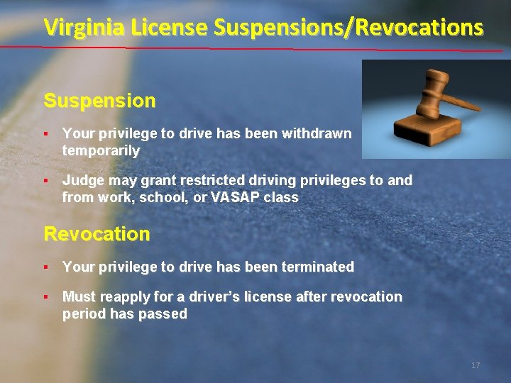 Virginia License Suspensions/Revocations Suspension § Your privilege to drive has been withdrawn temporarily § Virginia License Suspensions/Revocations Suspension § Your privilege to drive has been withdrawn temporarily §