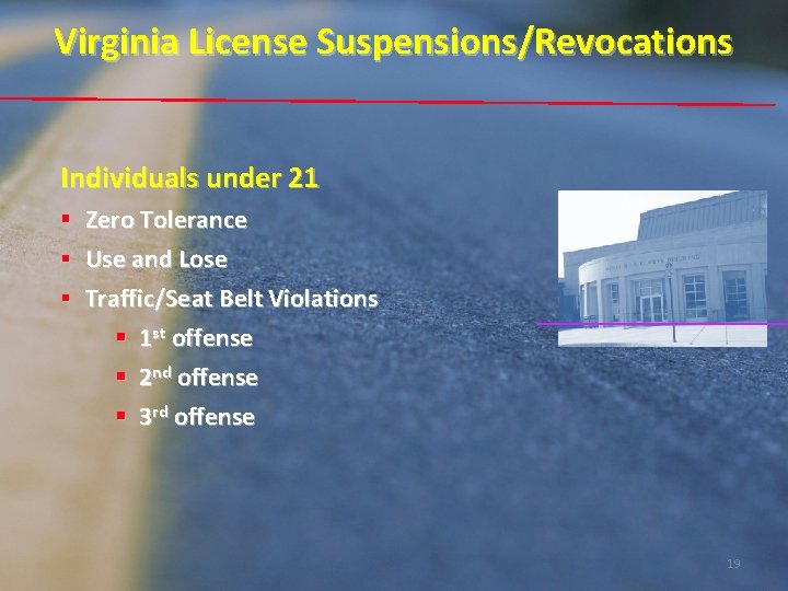 Virginia License Suspensions/Revocations Individuals under 21 § Zero Tolerance § Use and Lose § Virginia License Suspensions/Revocations Individuals under 21 § Zero Tolerance § Use and Lose §